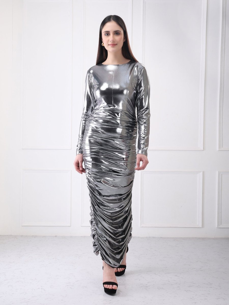 Gaiia Metallic Ruched Partywear Midi Dress - GAIIA