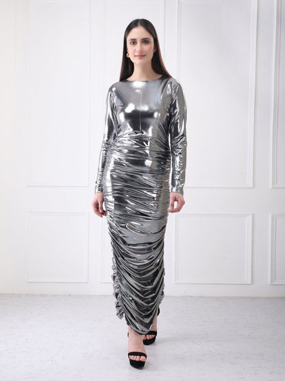 Gaiia Metallic Ruched Partywear Midi Dress - GAIIA