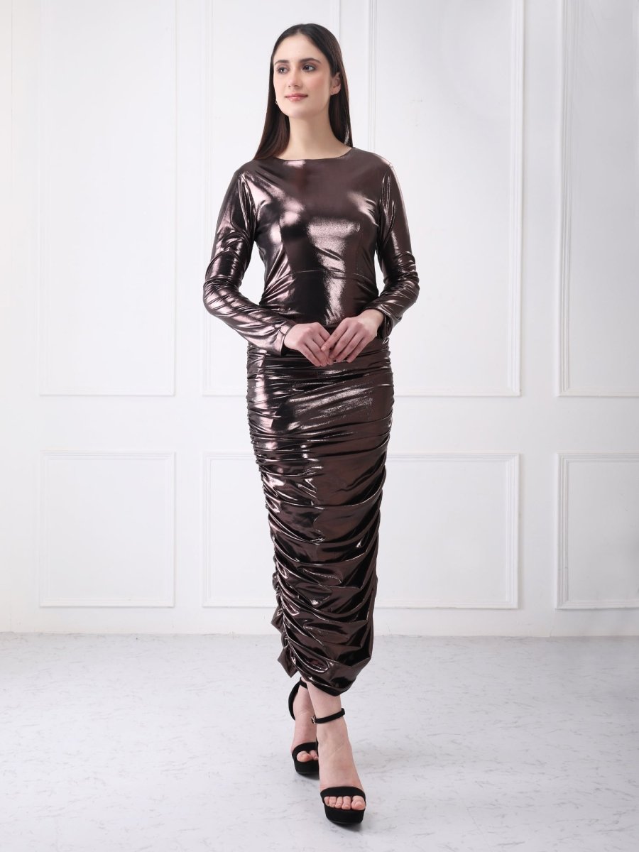Gaiia Metallic Ruched Partywear Midi Dress - GAIIA