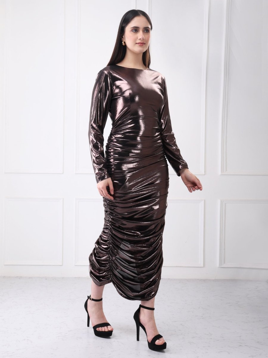 Gaiia Metallic Ruched Partywear Midi Dress - GAIIA