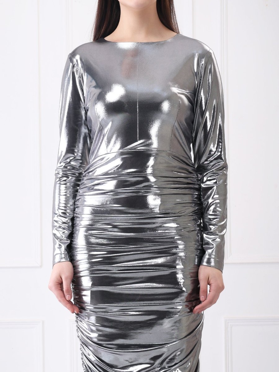 Gaiia Metallic Ruched Partywear Midi Dress - GAIIA