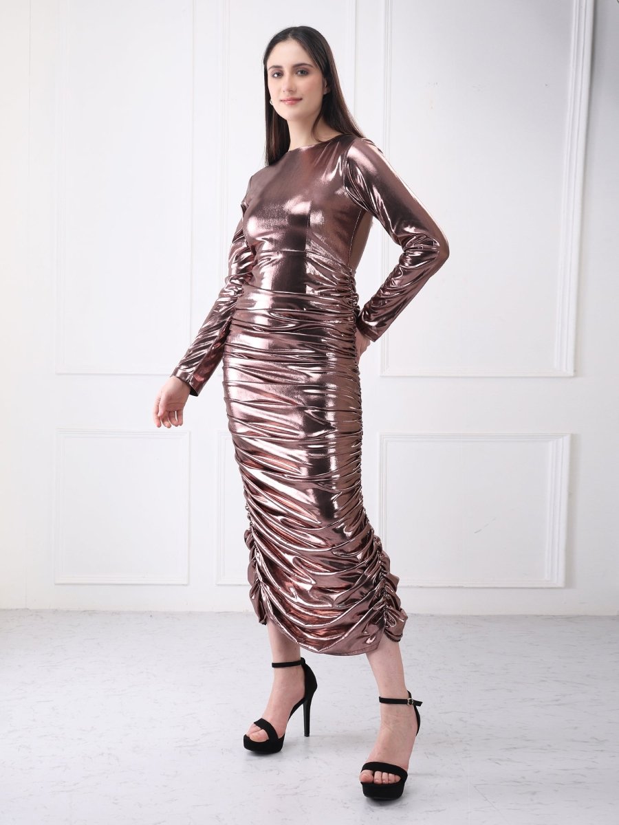 Gaiia Metallic Ruched Partywear Midi Dress - GAIIA