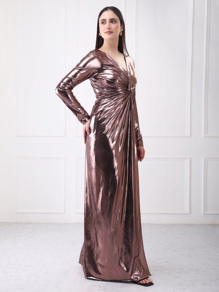 Gaiia Metallic Twisted Knot Long Slit Maxi Dress - GAIIA