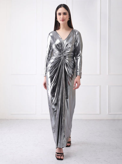 Gaiia Metallic Twisted Knot Long Slit Maxi Dress - GAIIA