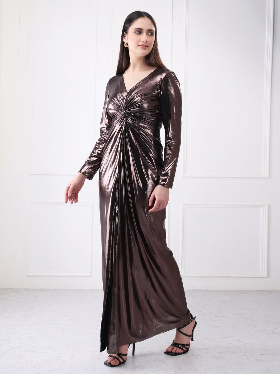 Gaiia Metallic Twisted Knot Long Slit Maxi Dress - GAIIA