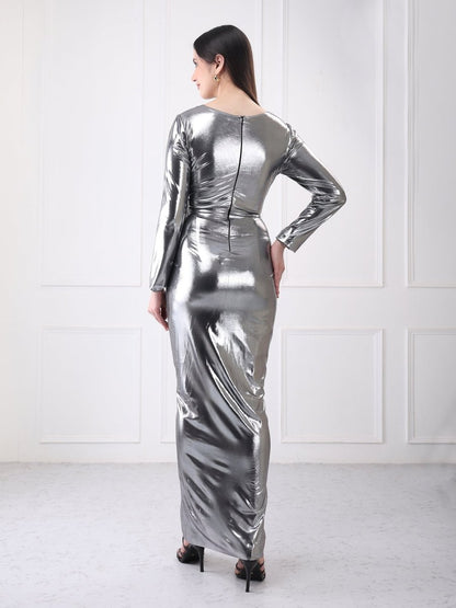 Gaiia Metallic Twisted Knot Long Slit Maxi Dress - GAIIA