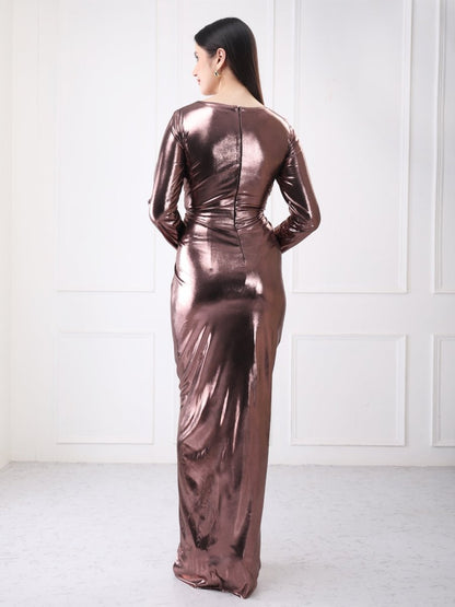 Gaiia Metallic Twisted Knot Long Slit Maxi Dress - GAIIA