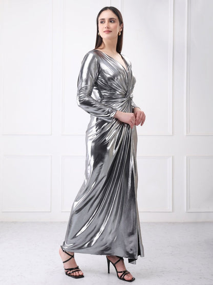 Gaiia Metallic Twisted Knot Long Slit Maxi Dress - GAIIA