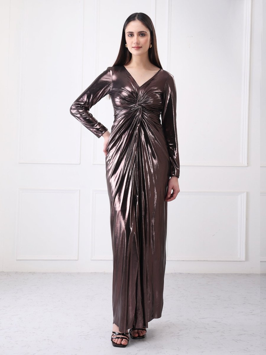 Gaiia Metallic Twisted Knot Long Slit Maxi Dress - GAIIA