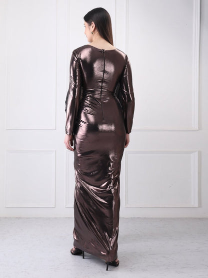 Gaiia Metallic Twisted Knot Long Slit Maxi Dress - GAIIA