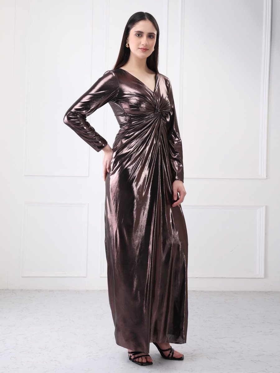 Gaiia Metallic Twisted Knot Long Slit Maxi Dress - GAIIA