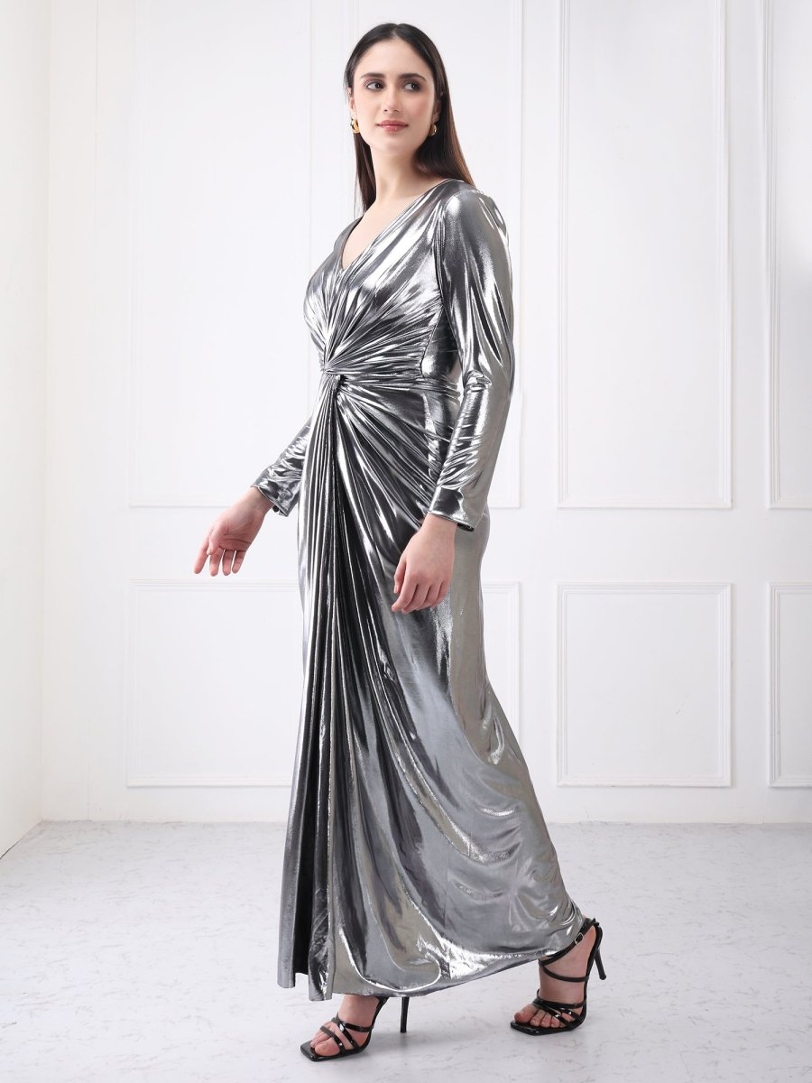Gaiia Metallic Twisted Knot Long Slit Maxi Dress - GAIIA