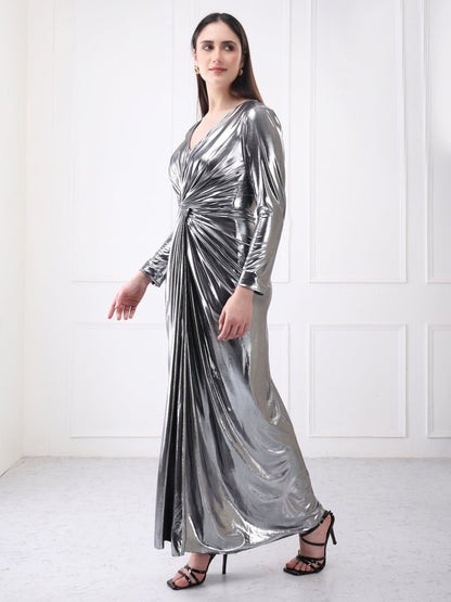 Gaiia Metallic Twisted Knot Long Slit Maxi Dress - GAIIA