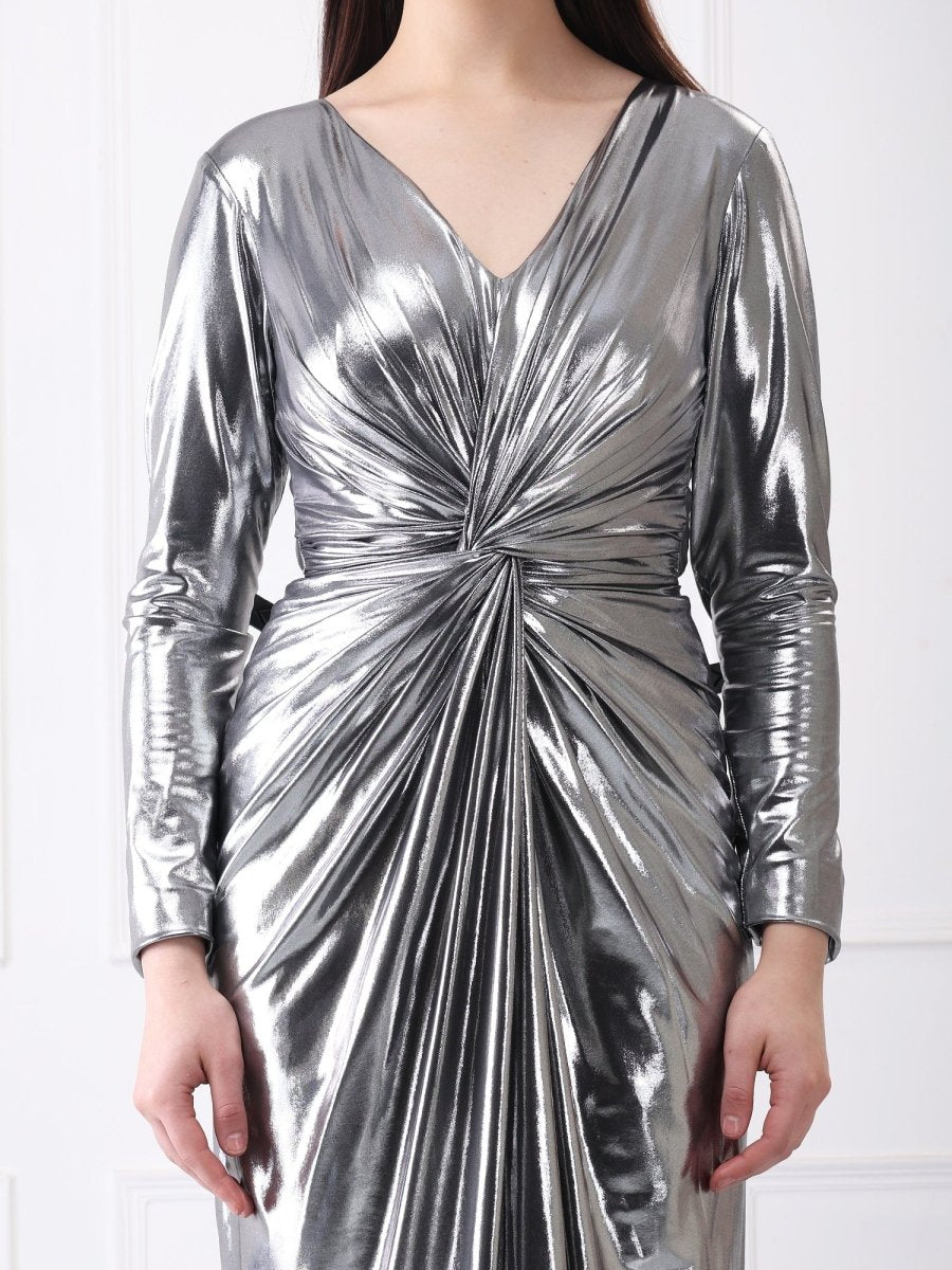 Gaiia Metallic Twisted Knot Long Slit Maxi Dress - GAIIA