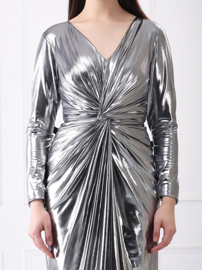 Gaiia Metallic Twisted Knot Long Slit Maxi Dress - GAIIA