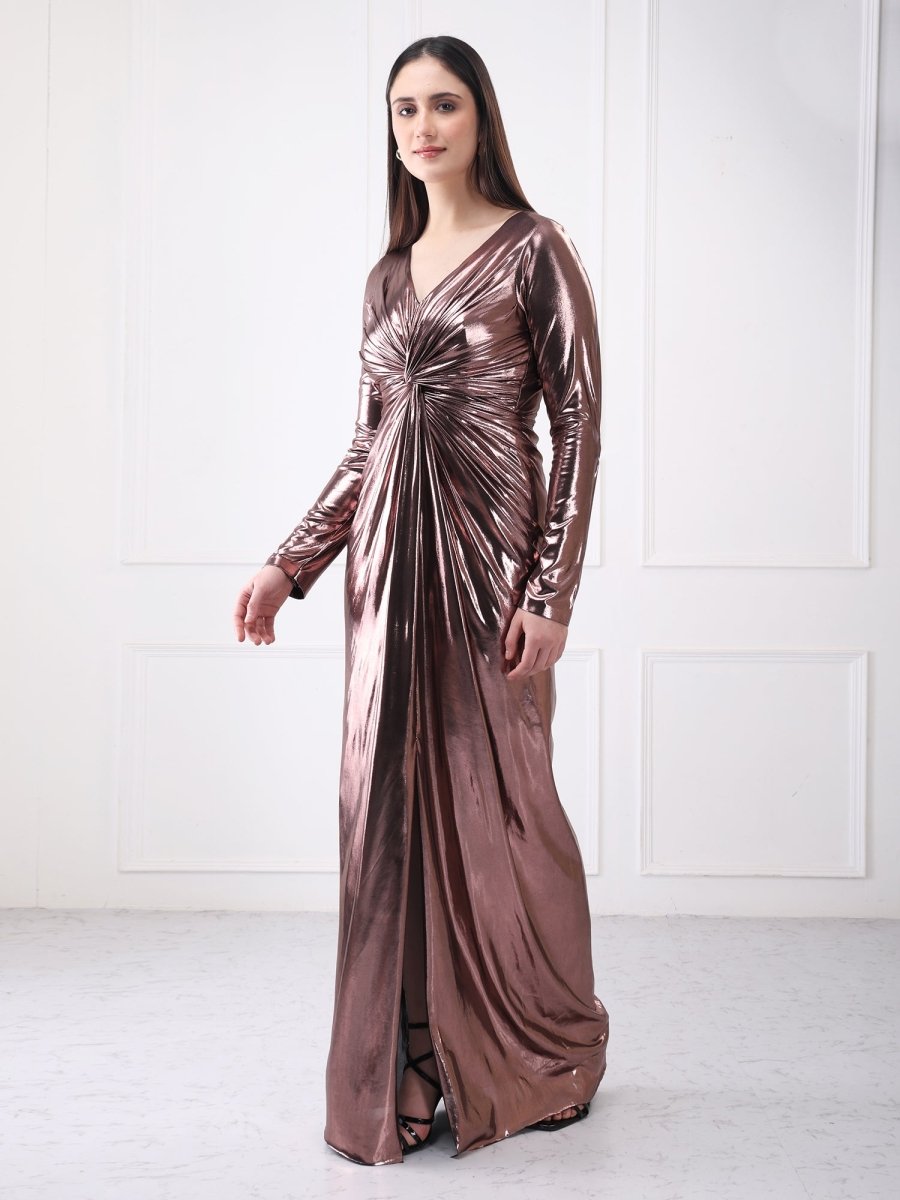 Gaiia Metallic Twisted Knot Long Slit Maxi Dress - GAIIA