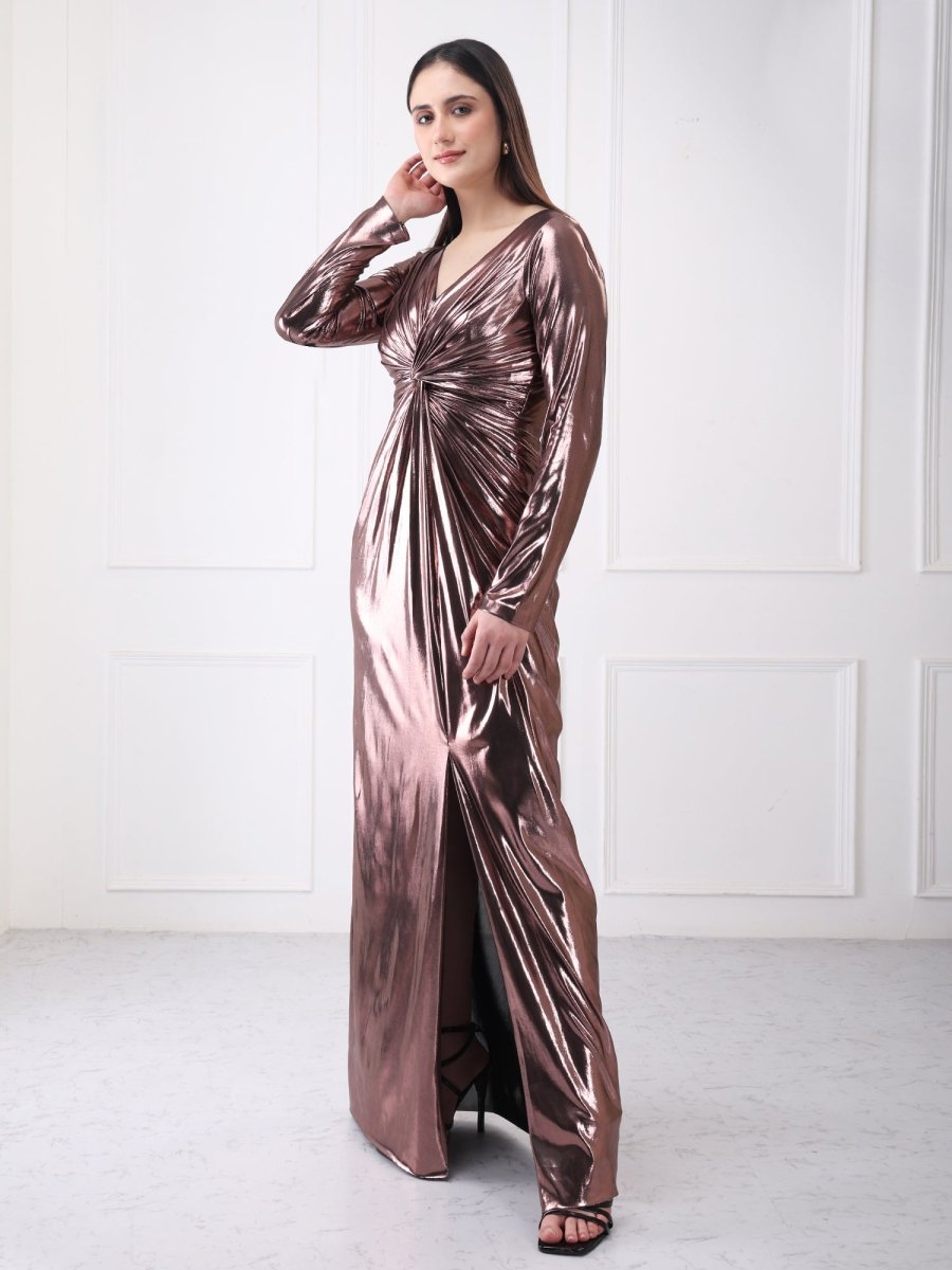 Gaiia Metallic Twisted Knot Long Slit Maxi Dress - GAIIA