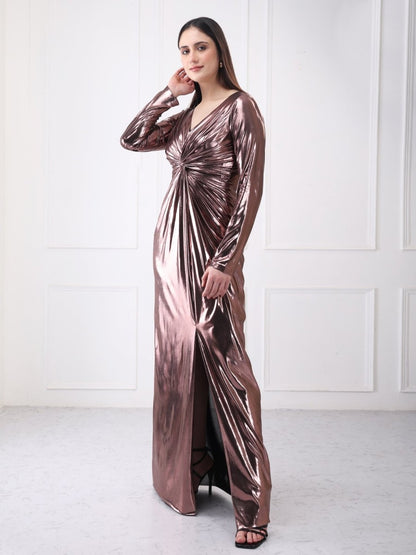 Gaiia Metallic Twisted Knot Long Slit Maxi Dress - GAIIA