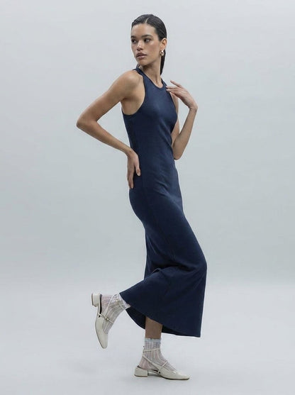 Gaiia Navy Halter Neck Midi Pencil Dress - Navy Blue - GAIIA