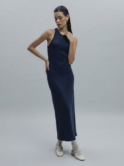 Gaiia Navy Halter Neck Midi Pencil Dress - Navy Blue - GAIIA