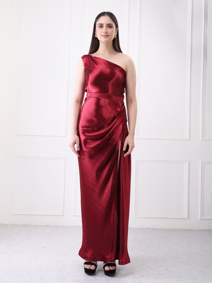 Gaiia One Shoulder Draped Solid Maxi Dress - GAIIA