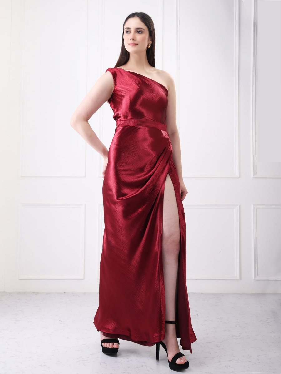 Gaiia One Shoulder Draped Solid Maxi Dress - GAIIA