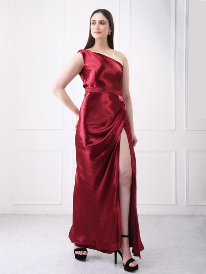 Gaiia One Shoulder Draped Solid Maxi Dress - GAIIA