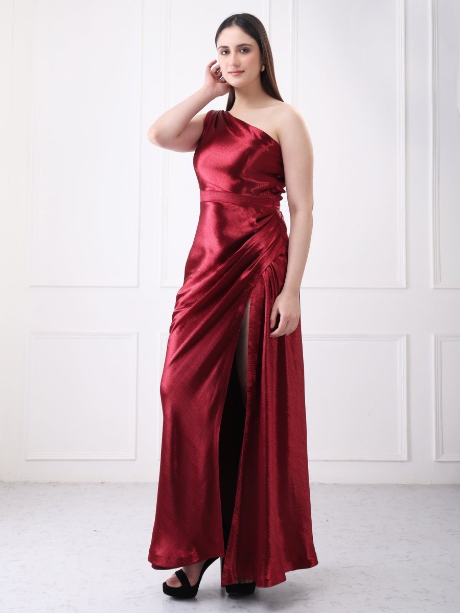 Gaiia One Shoulder Draped Solid Maxi Dress - GAIIA