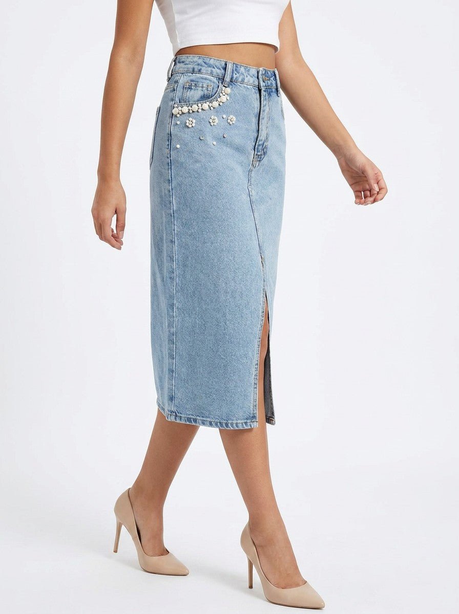 GAIIA Pearl Bloom Embellished Side Slit Denim Midi Skirt - GAIIA