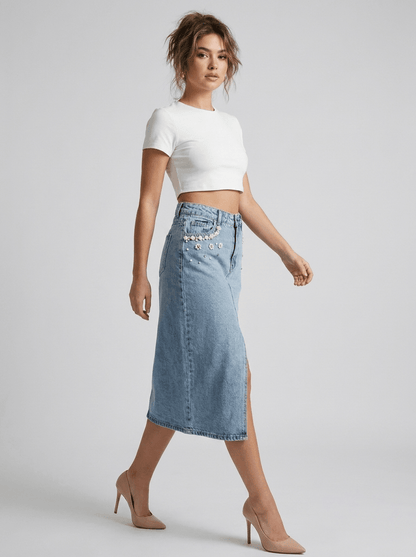 GAIIA Pearl Bloom Embellished Side Slit Denim Midi Skirt - GAIIA