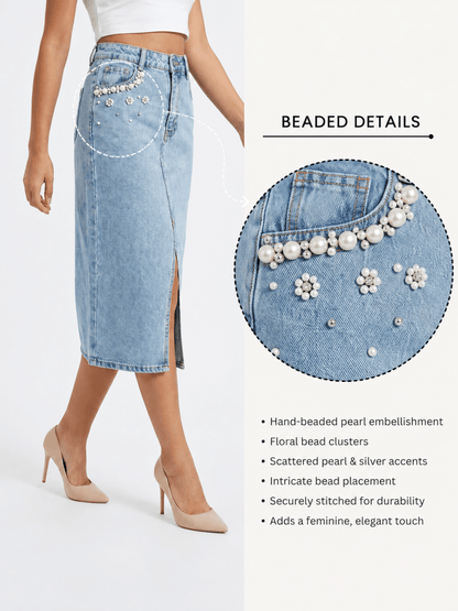 GAIIA Pearl Bloom Embellished Side Slit Denim Midi Skirt - GAIIA
