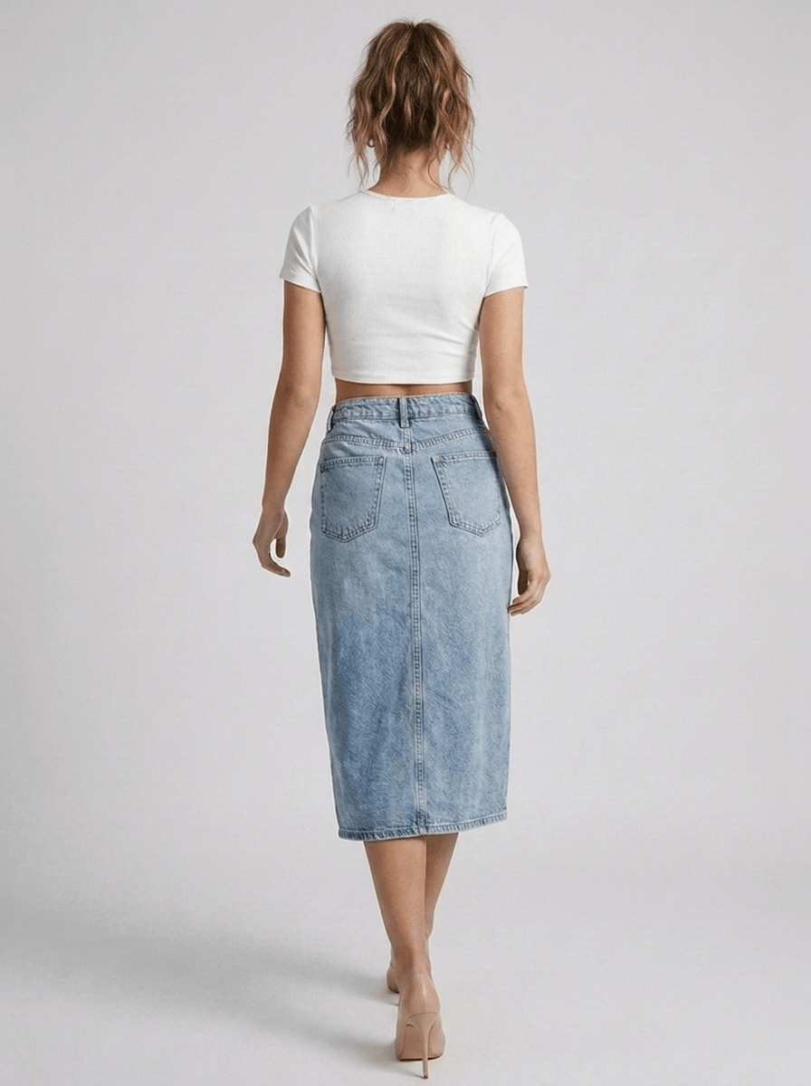 GAIIA Pearl Bloom Embellished Side Slit Denim Midi Skirt - GAIIA