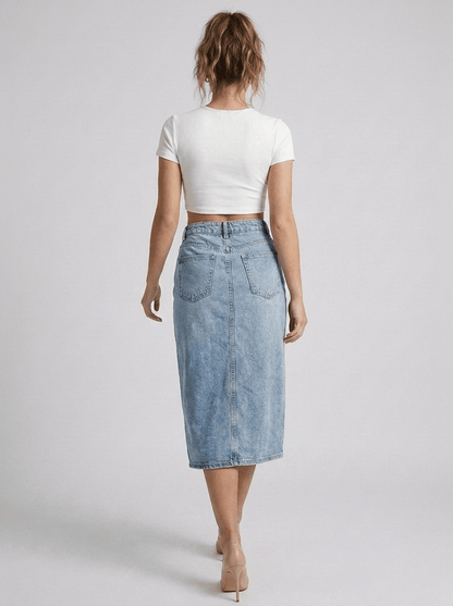 GAIIA Pearl Bloom Embellished Side Slit Denim Midi Skirt - GAIIA