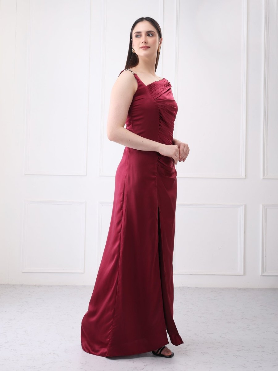 Gaiia Satin Pleated Partywear Solid Maxi Dress - GAIIA