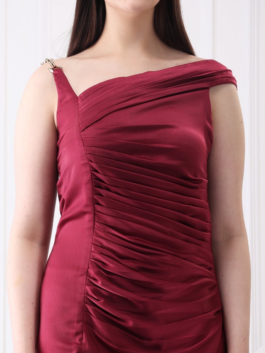 Gaiia Satin Pleated Partywear Solid Maxi Dress - GAIIA