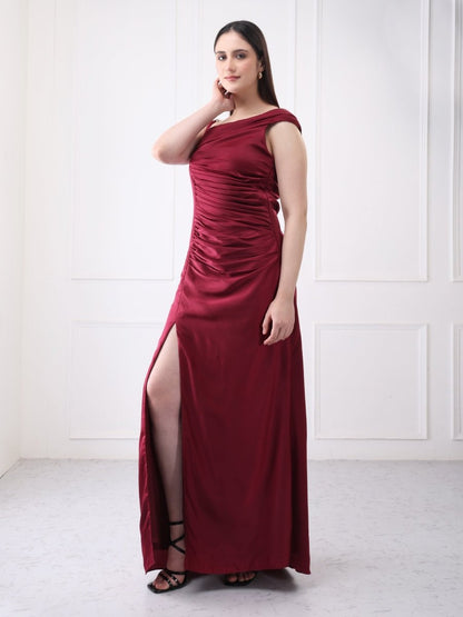 Gaiia Satin Pleated Partywear Solid Maxi Dress - GAIIA