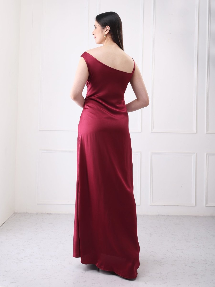 Gaiia Satin Pleated Partywear Solid Maxi Dress - GAIIA