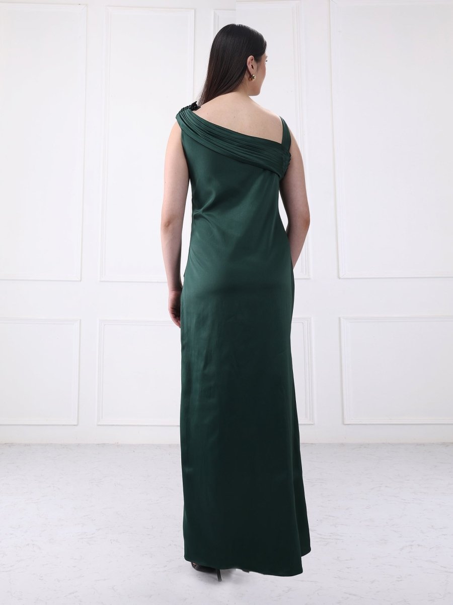 Gaiia Satin Pleated Partywear Solid Maxi Dress - GAIIA