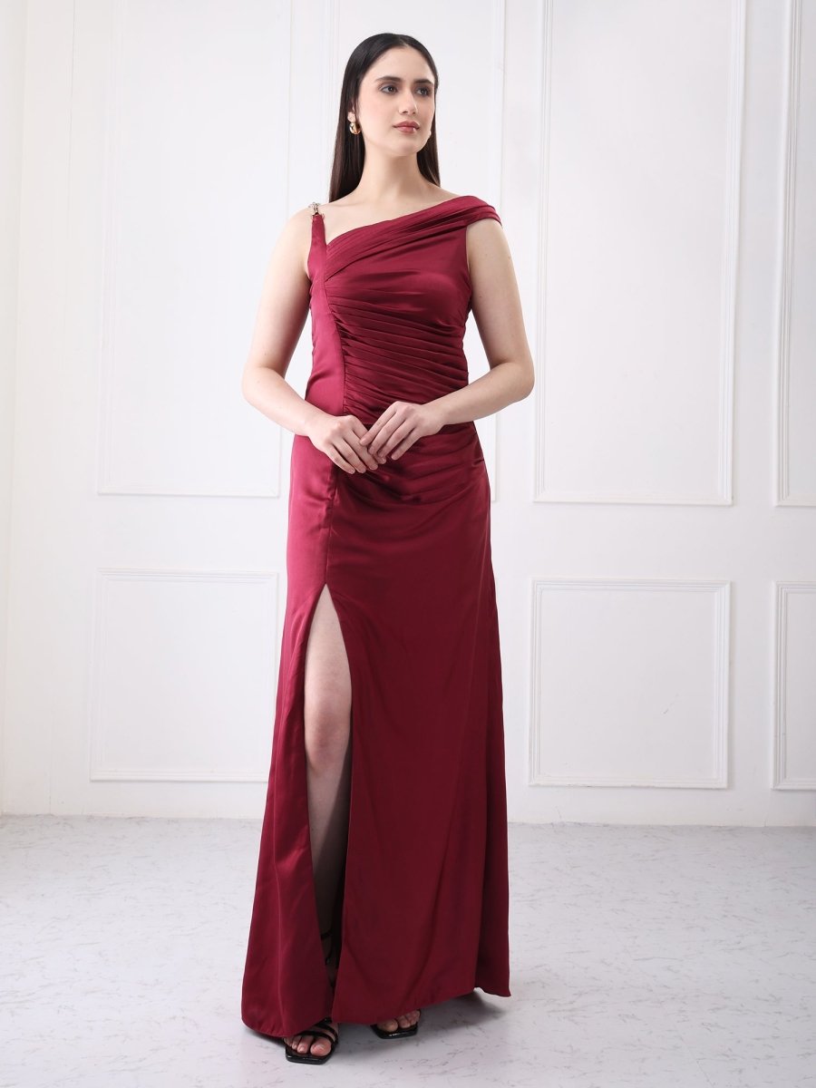 Gaiia Satin Pleated Partywear Solid Maxi Dress - GAIIA
