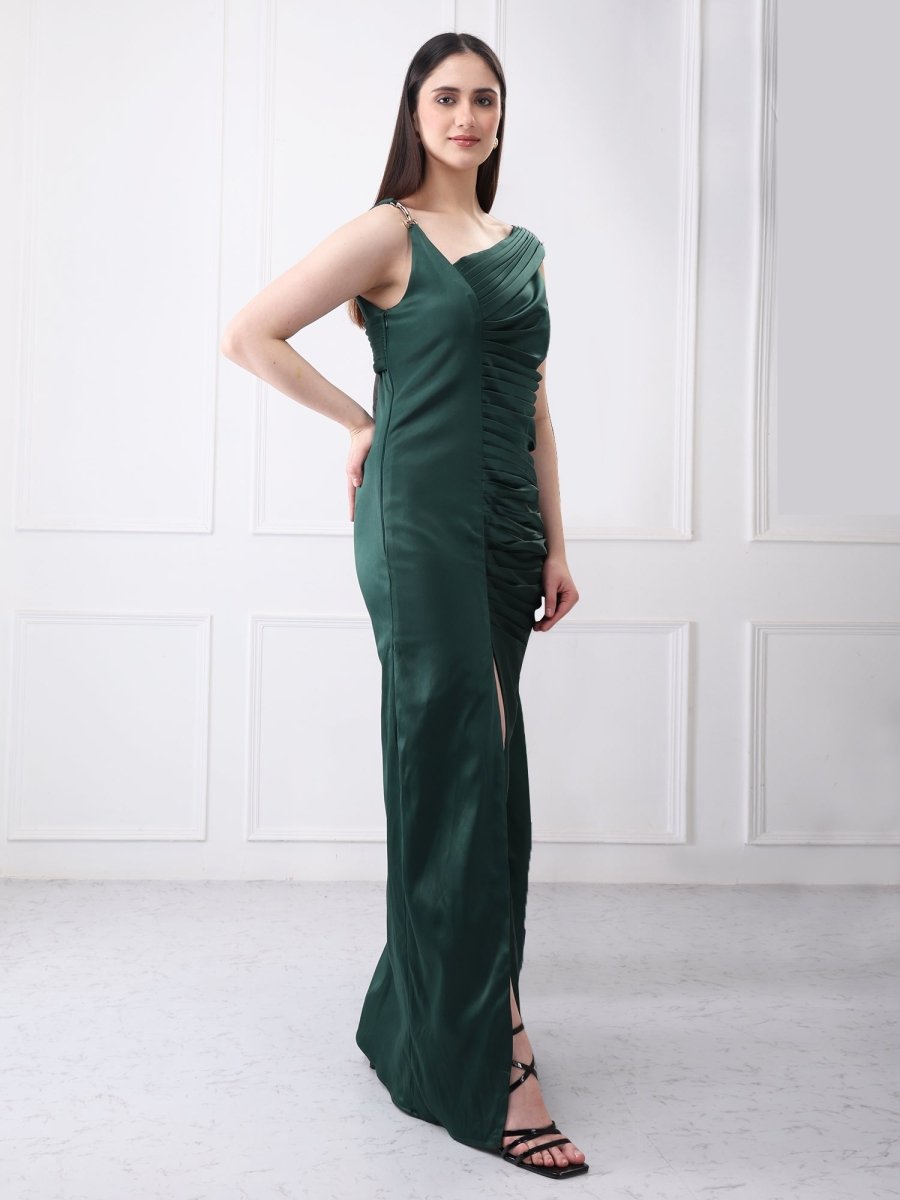Gaiia Satin Pleated Partywear Solid Maxi Dress - GAIIA
