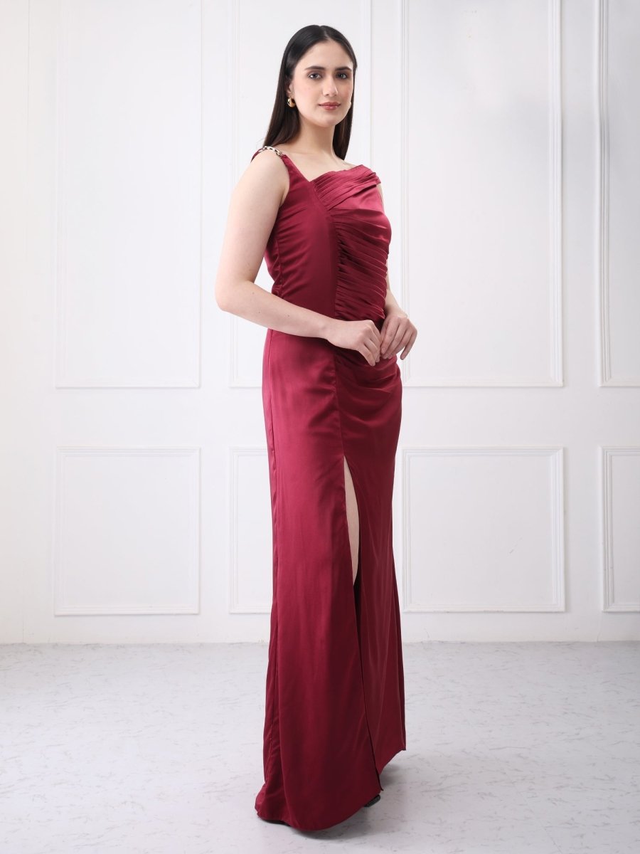 Gaiia Satin Pleated Partywear Solid Maxi Dress - GAIIA