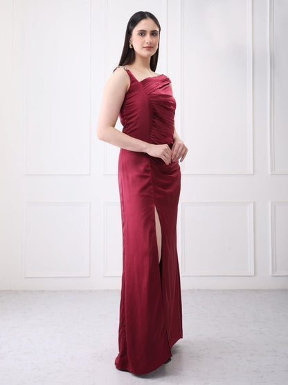 Gaiia Satin Pleated Partywear Solid Maxi Dress - GAIIA