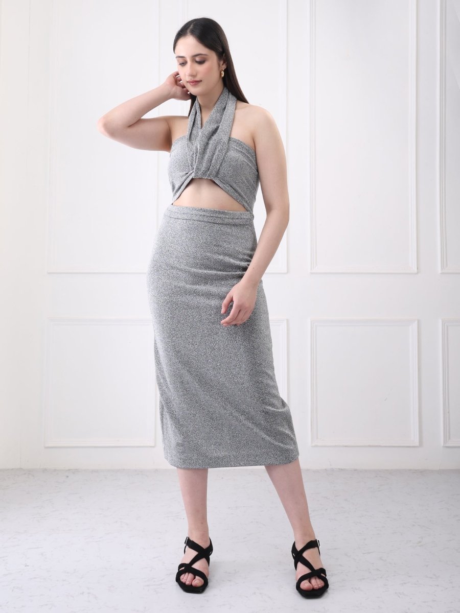 Gaiia Shimmery Halter Neck Cutout Midi Dress - GAIIA