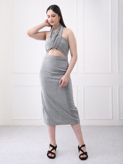 Gaiia Shimmery Halter Neck Cutout Midi Dress - GAIIA