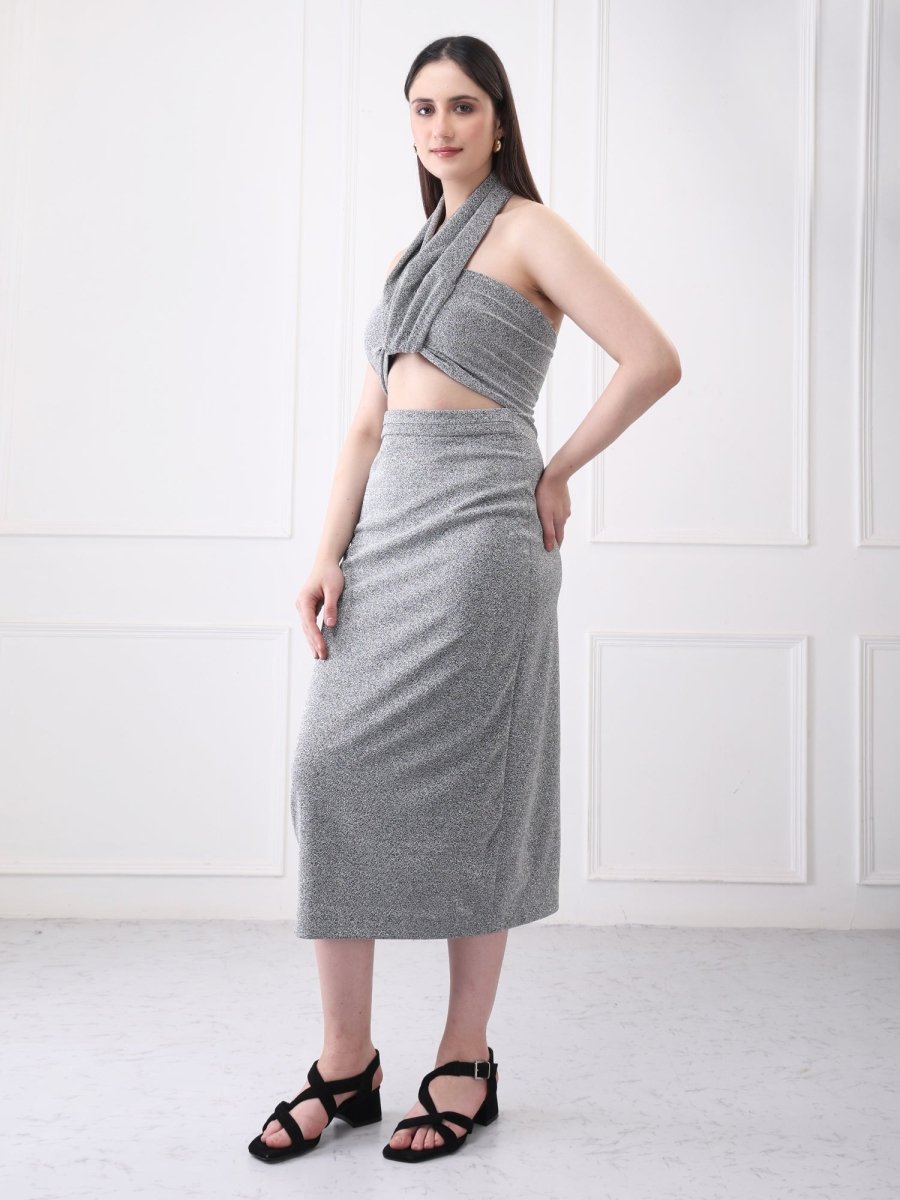 Gaiia Shimmery Halter Neck Cutout Midi Dress - GAIIA