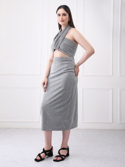Gaiia Shimmery Halter Neck Cutout Midi Dress - GAIIA