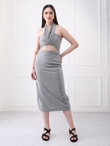Gaiia Shimmery Halter Neck Cutout Midi Dress - GAIIA
