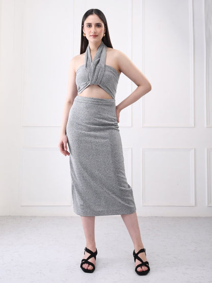 Gaiia Shimmery Halter Neck Cutout Midi Dress - GAIIA