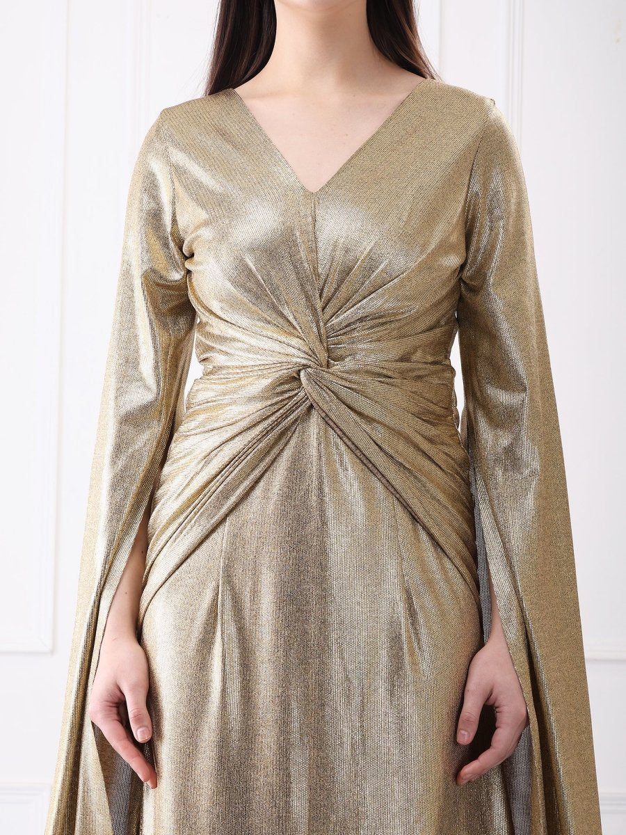 Gaiia Shimmery Lycra Twisted Knot Maxi Dress With Flared Sleeves - GAIIA