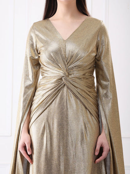 Gaiia Shimmery Lycra Twisted Knot Maxi Dress With Flared Sleeves - GAIIA